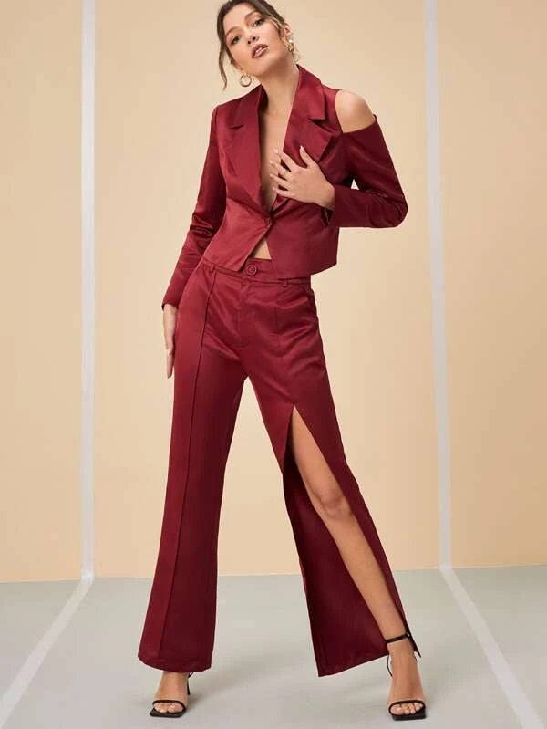 CM-BS894917 Women Elegant Seoul Style Split Thigh Asymmetrical Pants - Burgundy