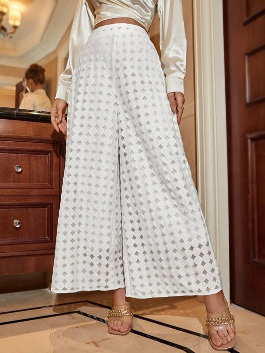 CM-BS856517 Women Casual Seoul Style Contrast Mesh Wide Leg Pants - White