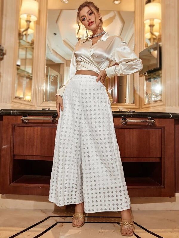 CM-BS856517 Women Casual Seoul Style Contrast Mesh Wide Leg Pants - White