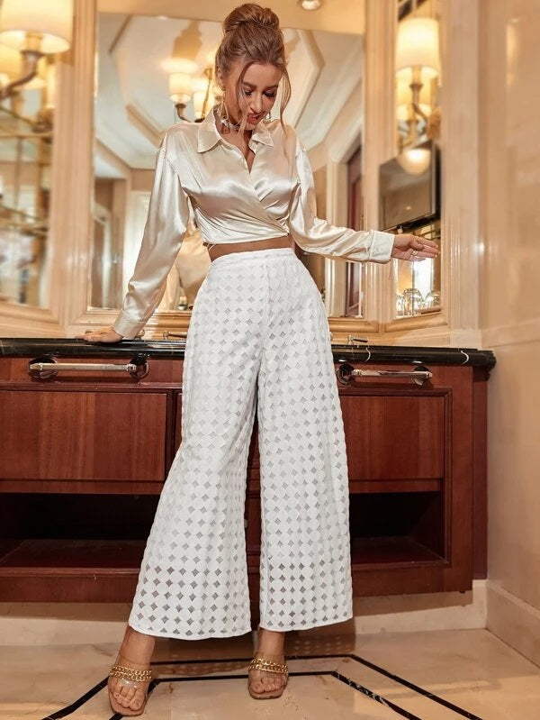 CM-BS856517 Women Casual Seoul Style Contrast Mesh Wide Leg Pants - White