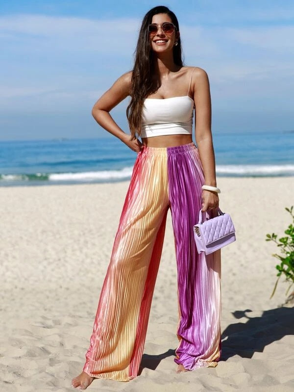 CM-BS083813 Women Trendy Bohemian Style High Waist Ombre Plisse Wide Leg Pants