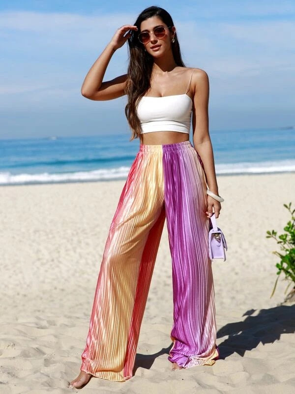 CM-BS083813 Women Trendy Bohemian Style High Waist Ombre Plisse Wide Leg Pants