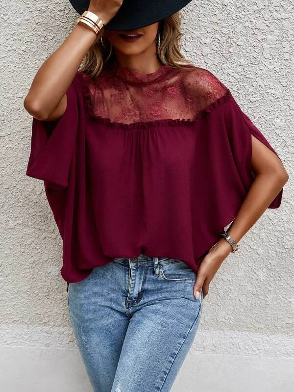 CM-TS744318 Women Elegant Seoul Style Contrast Lace Panel Batwing Sleeve Blouse - Burgundy