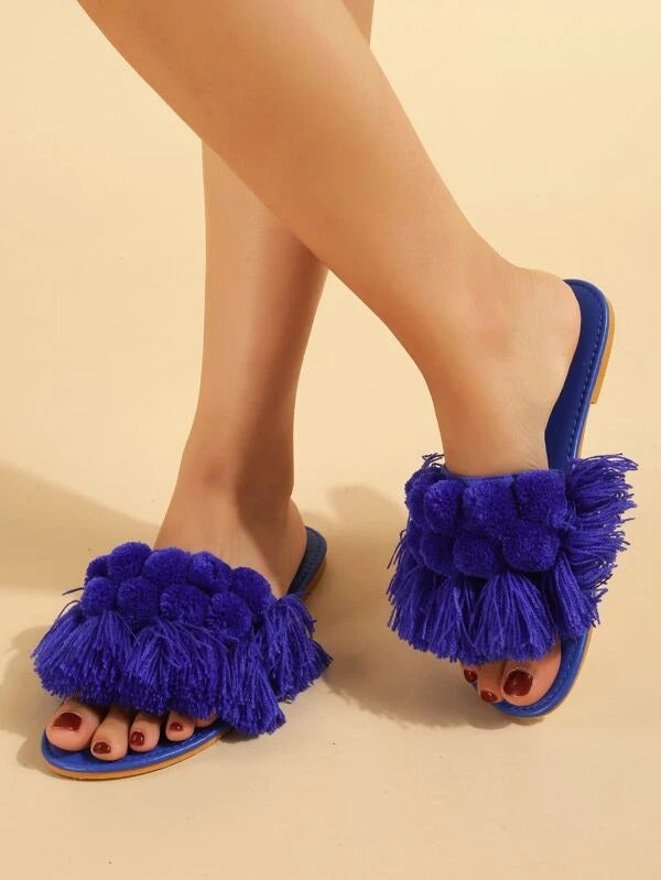 CM-SHS275329 Women Trendy Seoul Style Tassel And Pom Pom Decor Slide Sandals - Blue