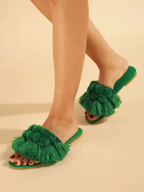 CM-SHS280174 Women Trendy Seoul Style Tassel And Pom Pom Decor Slide Sandals - Green