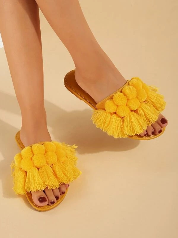 CM-SHS294443 Women Trendy Seoul Style Tassel And Pom Pom Decor Slide Sandals - Yellow