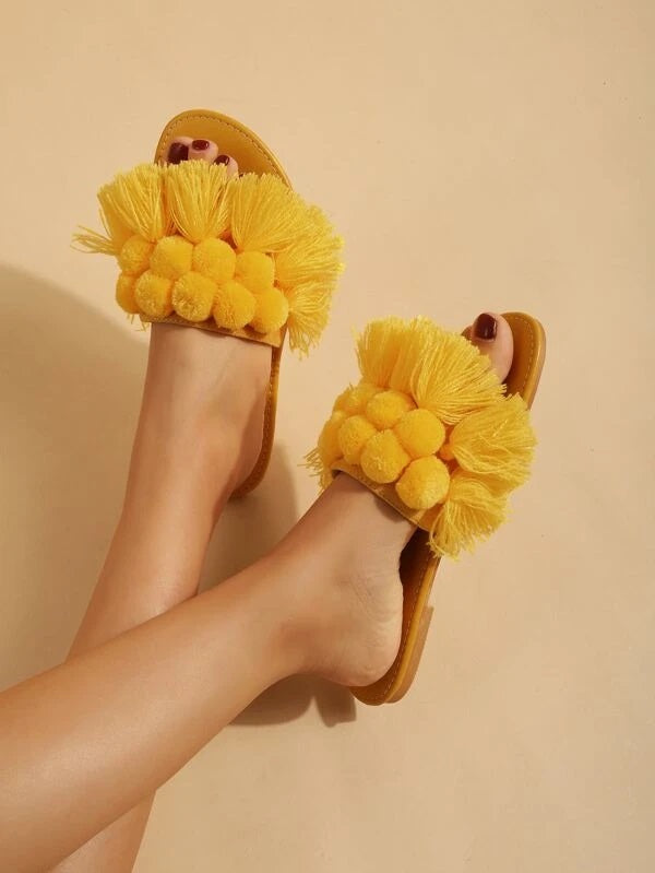 CM-SHS294443 Women Trendy Seoul Style Tassel And Pom Pom Decor Slide Sandals - Yellow