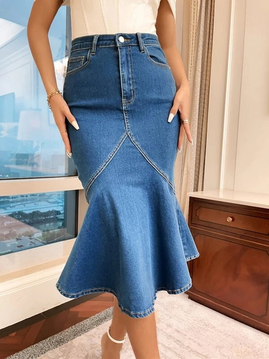 CM-BS003979 Women Casual Seoul Style Medium Wash High Waist Mermaid Hem Denim Skirt