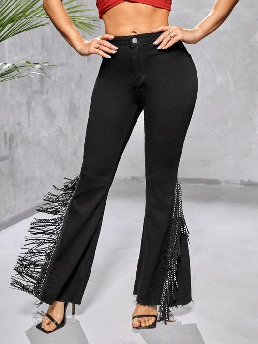 CM-BS072027 Women Casual Seoul Style High Waist Fringe Trim Flare Leg Jeans - Black