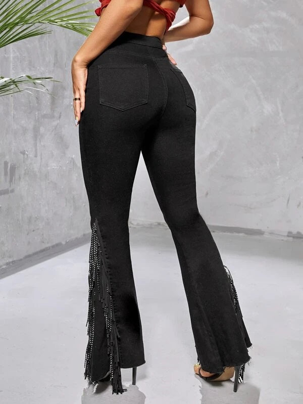 CM-BS072027 Women Casual Seoul Style High Waist Fringe Trim Flare Leg Jeans - Black