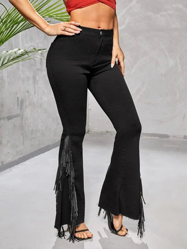 CM-BS072027 Women Casual Seoul Style High Waist Fringe Trim Flare Leg Jeans - Black