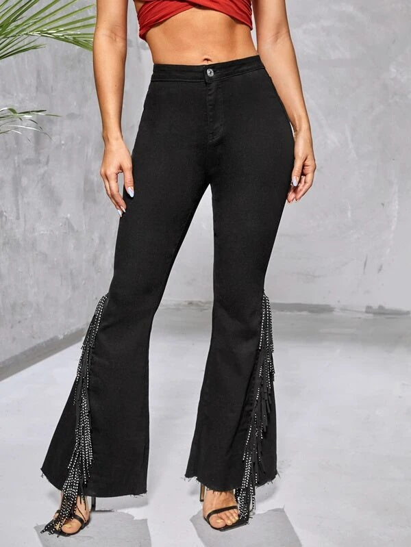 CM-BS072027 Women Casual Seoul Style High Waist Fringe Trim Flare Leg Jeans - Black