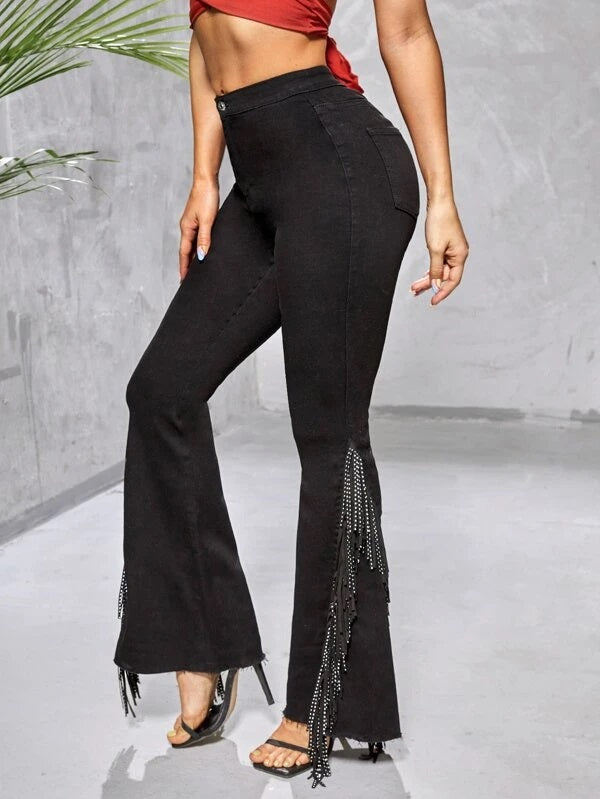 CM-BS072027 Women Casual Seoul Style High Waist Fringe Trim Flare Leg Jeans - Black