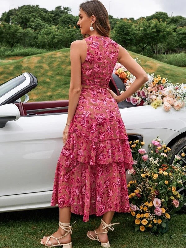 CM-DS080850 Women Elegant Seoul Style Floral Print Ring Linked Cut Out Layered Hem Chiffon Dress