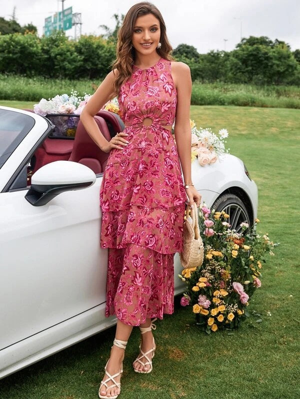 CM-DS080850 Women Elegant Seoul Style Floral Print Ring Linked Cut Out Layered Hem Chiffon Dress