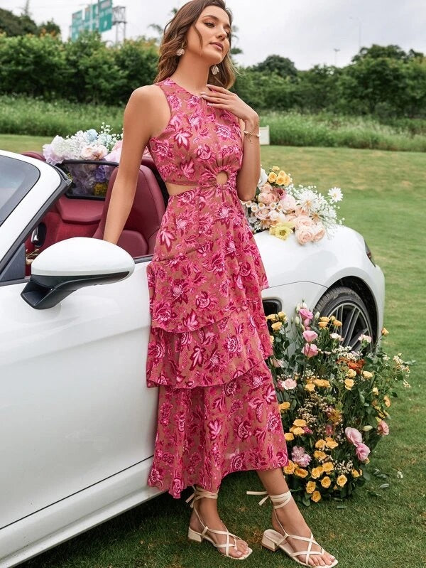 CM-DS080850 Women Elegant Seoul Style Floral Print Ring Linked Cut Out Layered Hem Chiffon Dress
