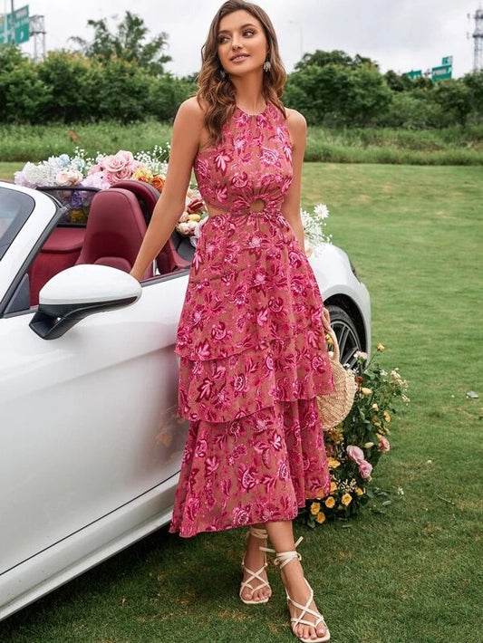 CM-DS080850 Women Elegant Seoul Style Floral Print Ring Linked Cut Out Layered Hem Chiffon Dress