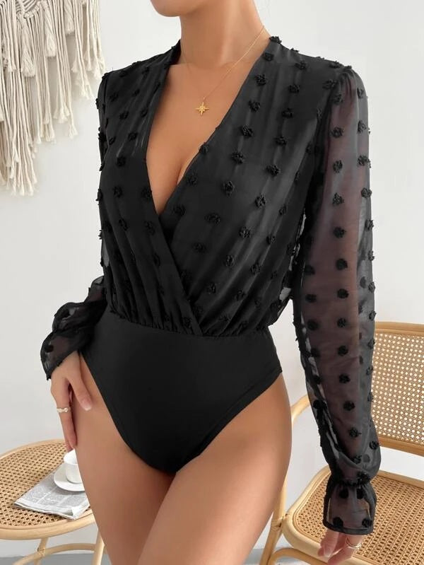 CM-TS310991 Women Casual Seoul Style Flounce Sleeve Overlap Collar Chiffon Bodysuit - Black