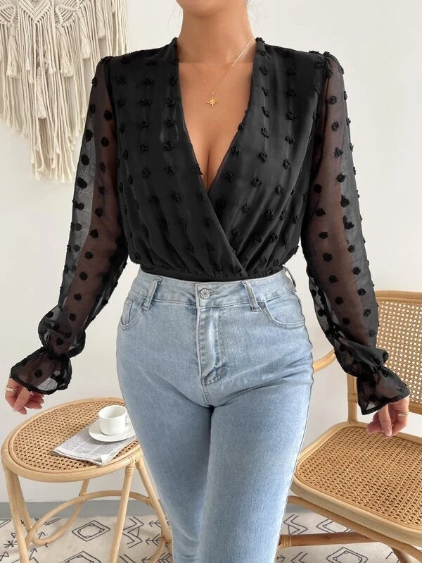 CM-TS310991 Women Casual Seoul Style Flounce Sleeve Overlap Collar Chiffon Bodysuit - Black