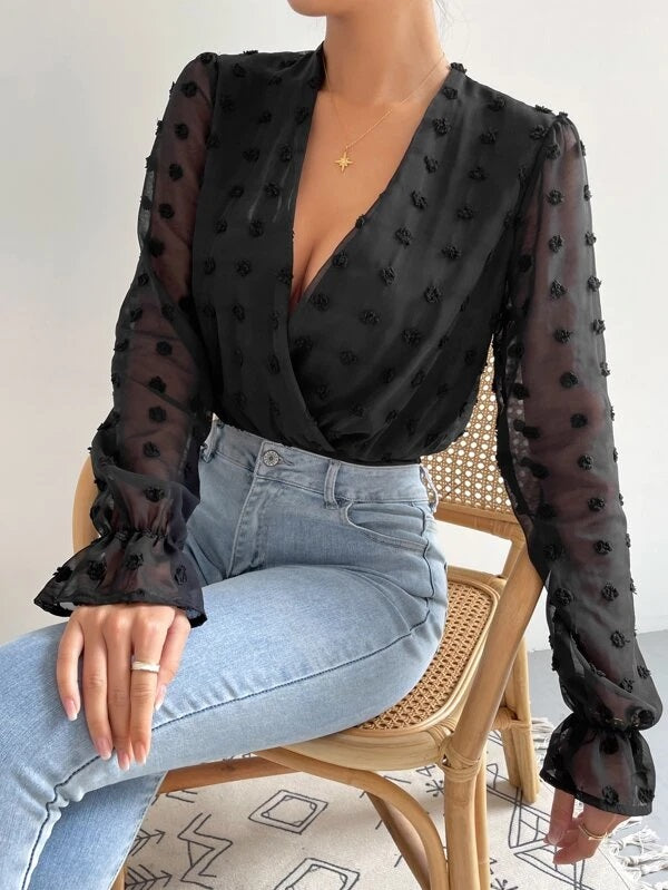 CM-TS310991 Women Casual Seoul Style Flounce Sleeve Overlap Collar Chiffon Bodysuit - Black