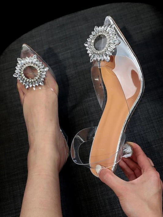CM-SHS191144 Women Trendy Seoul Style Rhinestone Clear Band Heeled Slingback Pumps