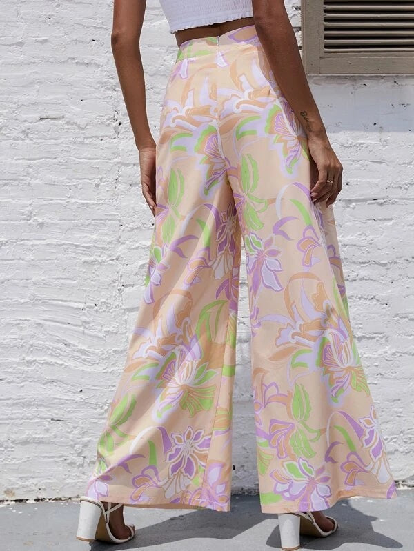 CM-BS096035 Women Trendy Bohemian Style Floral Print Wide Leg Pants