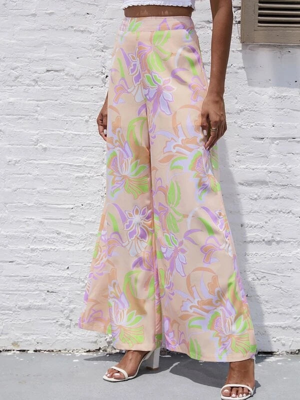 CM-BS096035 Women Trendy Bohemian Style Floral Print Wide Leg Pants