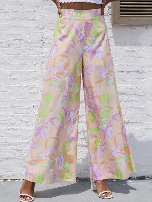 CM-BS096035 Women Trendy Bohemian Style Floral Print Wide Leg Pants