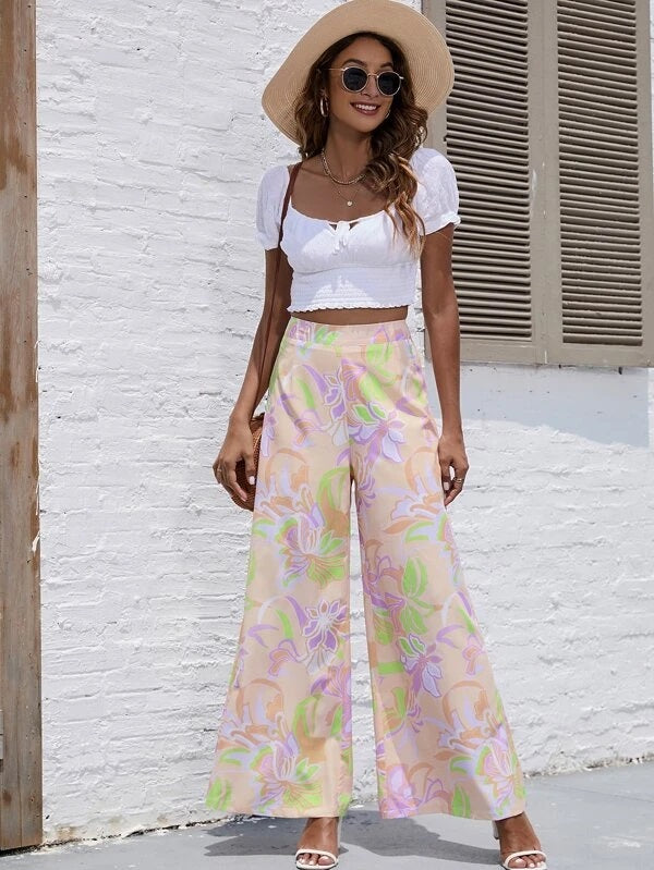 CM-BS096035 Women Trendy Bohemian Style Floral Print Wide Leg Pants