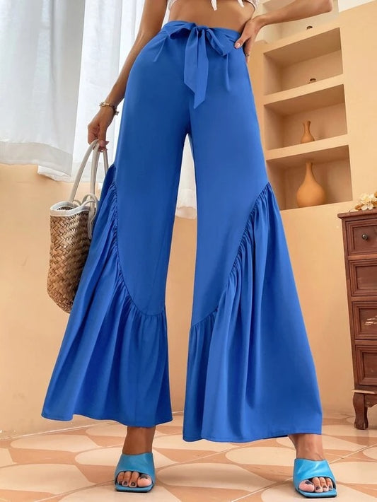 CM-BS942445 Women Casual Seoul Style Ruffle Hem Belted Wide Leg Pants - Blue