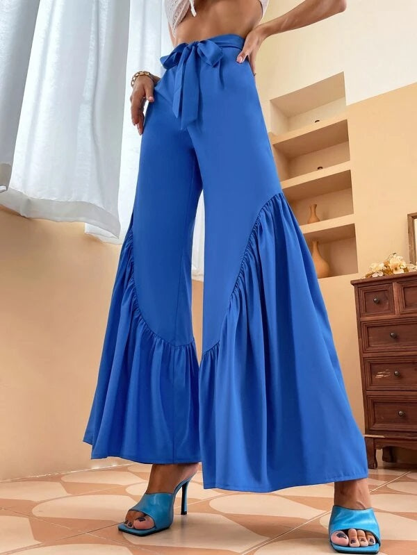 CM-BS942445 Women Casual Seoul Style Ruffle Hem Belted Wide Leg Pants - Blue