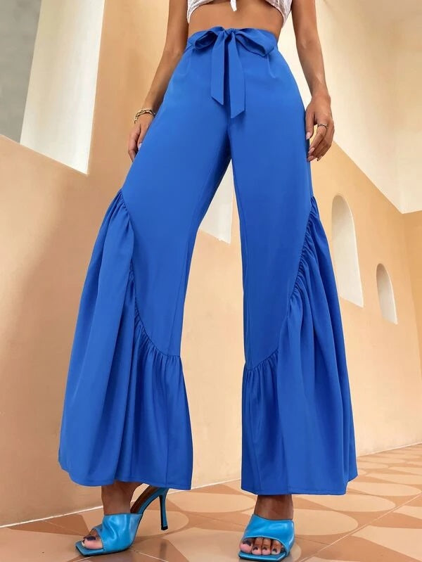 CM-BS942445 Women Casual Seoul Style Ruffle Hem Belted Wide Leg Pants - Blue