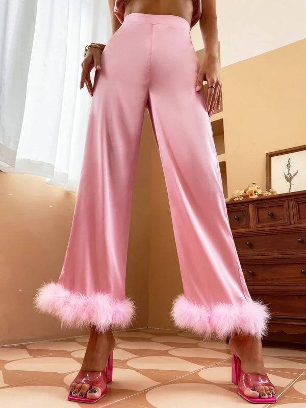 CM-BS447992 Women Casual Seoul Style Fuzzy Trim Elastic Waist Pants - Pink