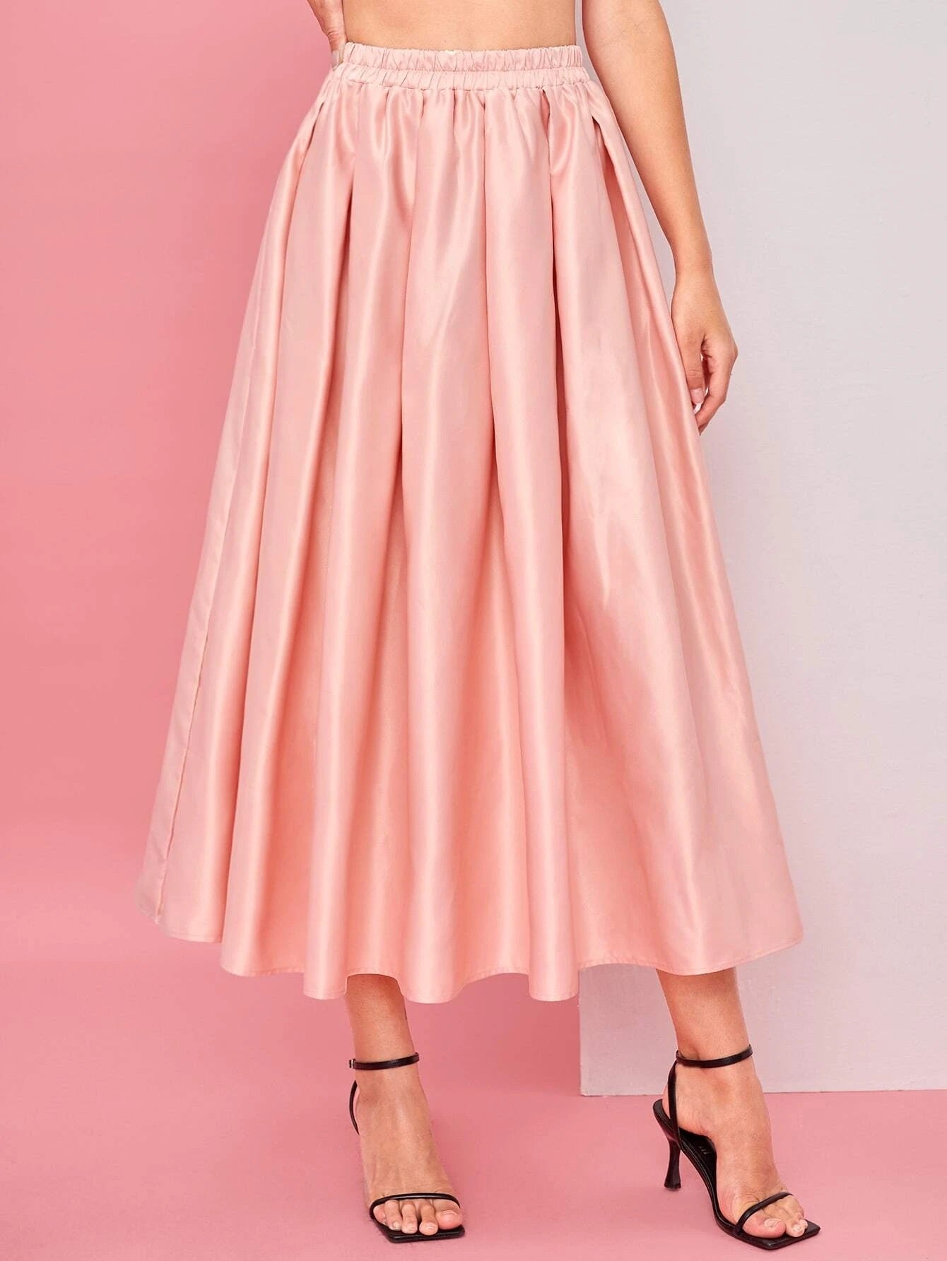 CM-BS142110 Women Elegant Seoul Style Satin Pleated High Waist Skirt - Coral Pink