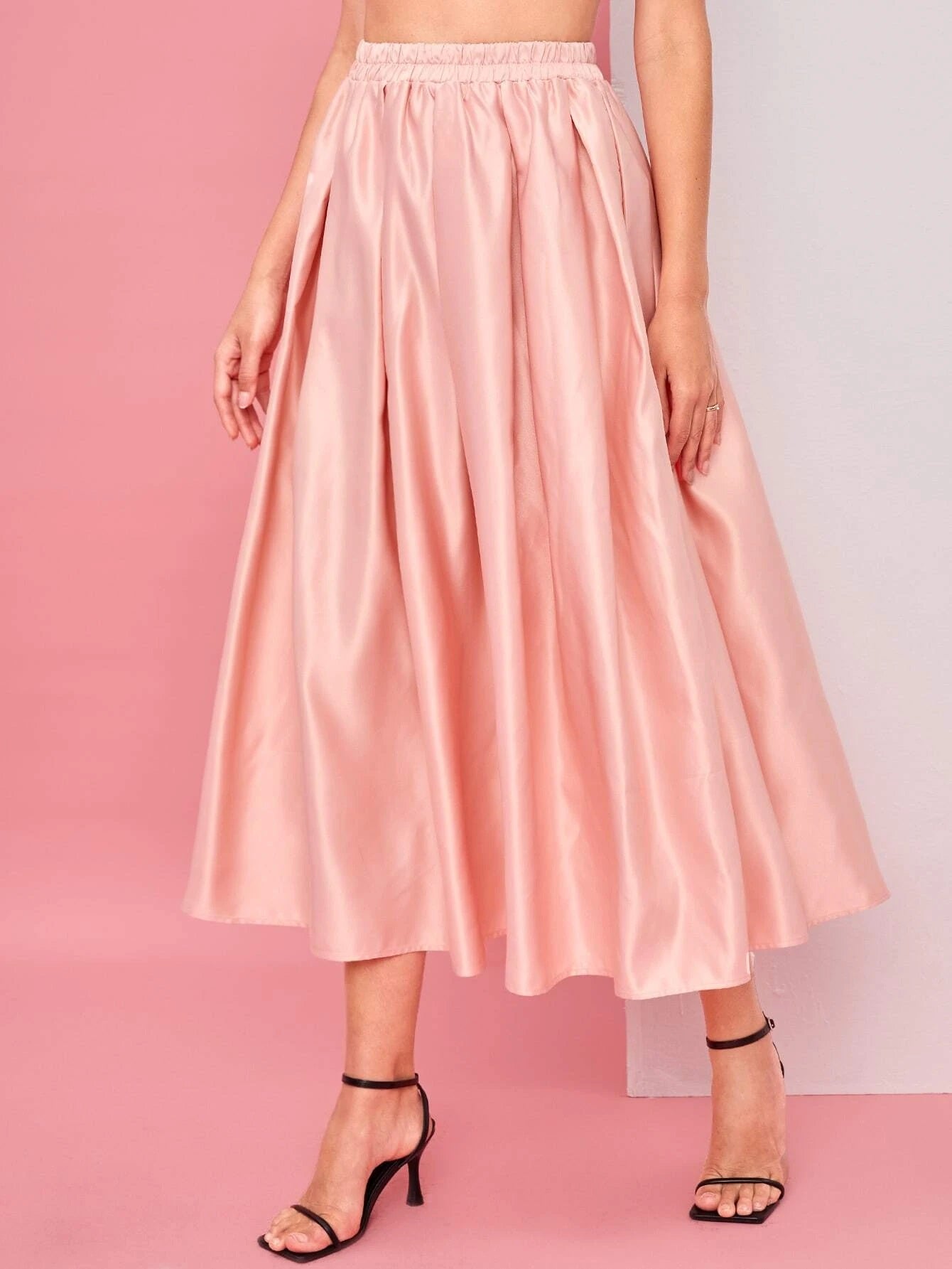 CM-BS142110 Women Elegant Seoul Style Satin Pleated High Waist Skirt - Coral Pink