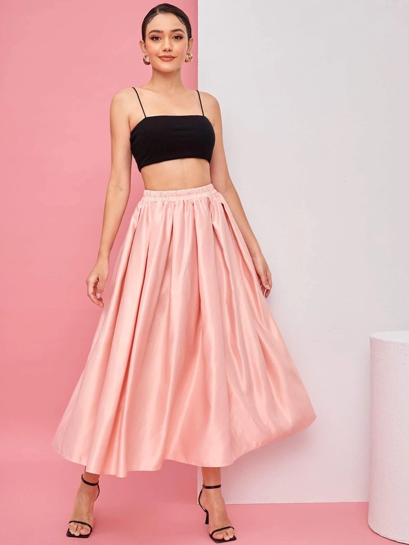 CM-BS142110 Women Elegant Seoul Style Satin Pleated High Waist Skirt - Coral Pink