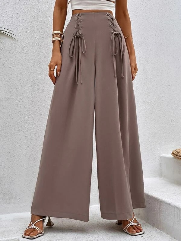 CM-BS291296 Women Casual Seoul Style High Waist Grommet Lace Up Wide Leg Pants