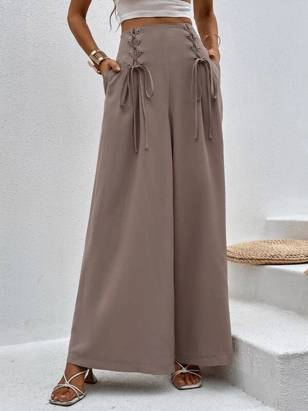 CM-BS291296 Women Casual Seoul Style High Waist Grommet Lace Up Wide Leg Pants