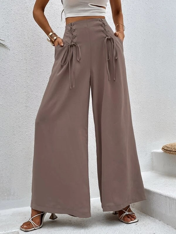 CM-BS291296 Women Casual Seoul Style High Waist Grommet Lace Up Wide Leg Pants