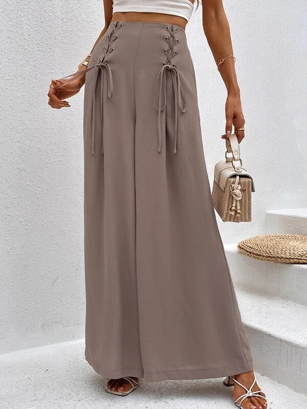 CM-BS291296 Women Casual Seoul Style High Waist Grommet Lace Up Wide Leg Pants