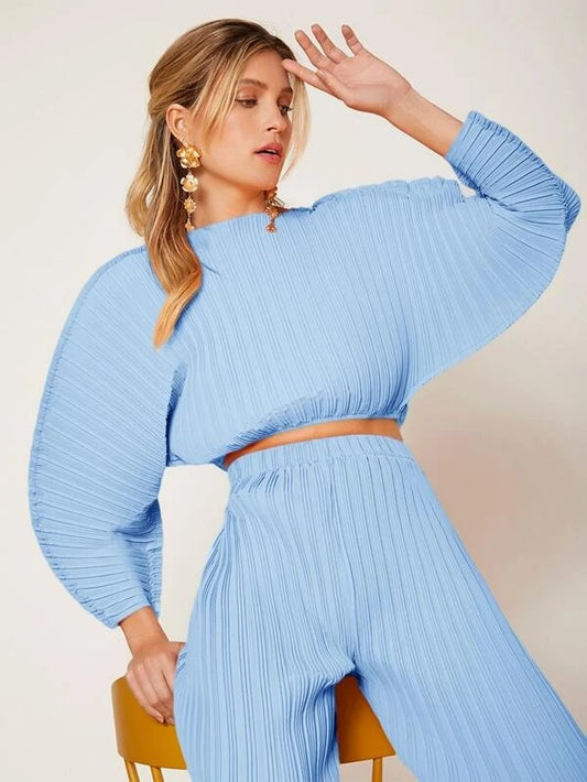 CM-TS432620 Women Casual Seoul Style Solid Batwing Sleeve Ribbed Knit Blouse - Baby Blue