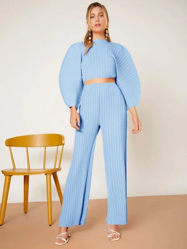 CM-TS432620 Women Casual Seoul Style Solid Batwing Sleeve Ribbed Knit Blouse - Baby Blue