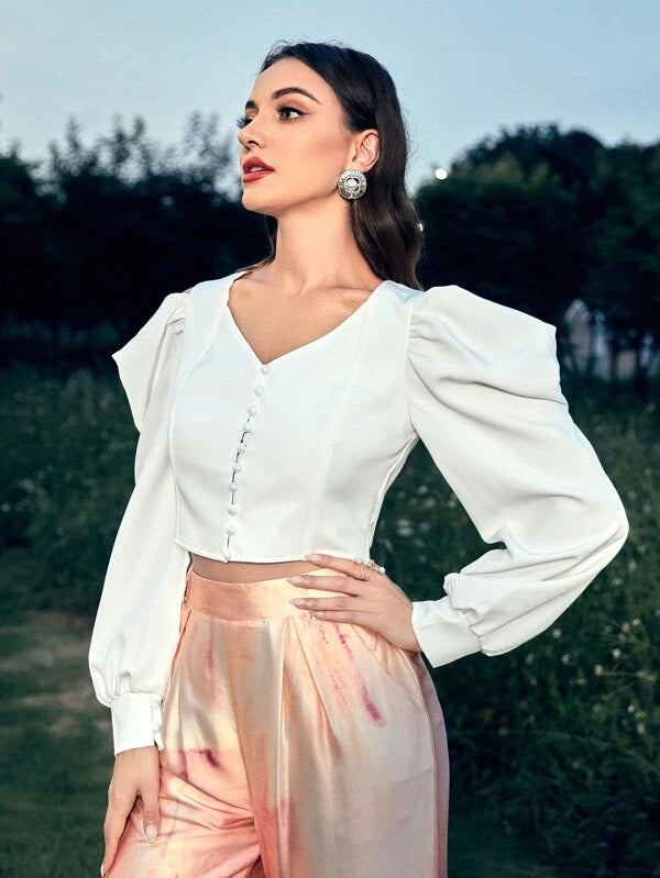 CM-TS876977 Women Elegant Seoul Style Pearls Button Puff Sleeve Cut Out Blouse - White