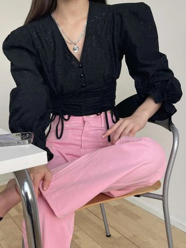 CM-TS877588 Women Casual Seoul Style Flounce Sleeve Drawstring Front Lace Blouse