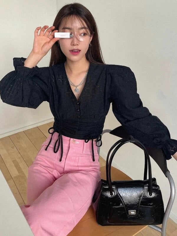 CM-TS877588 Women Casual Seoul Style Flounce Sleeve Drawstring Front Lace Blouse