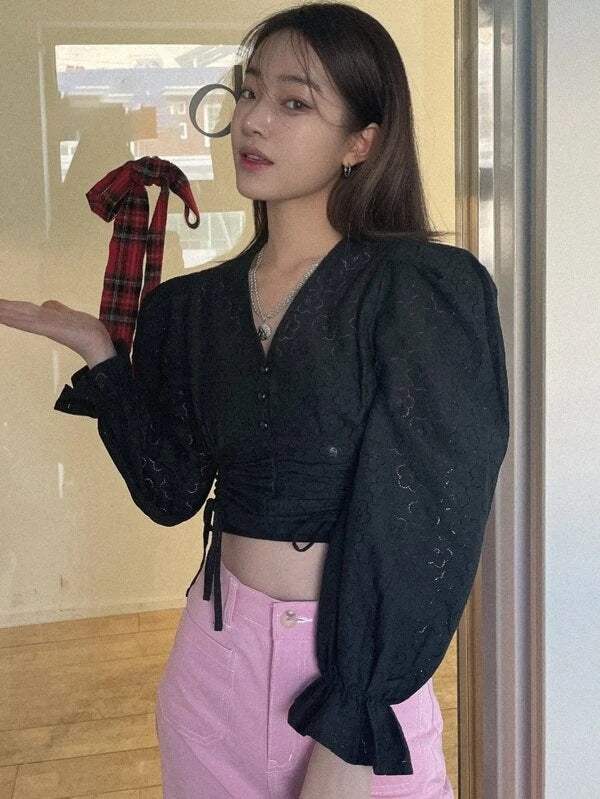 CM-TS877588 Women Casual Seoul Style Flounce Sleeve Drawstring Front Lace Blouse