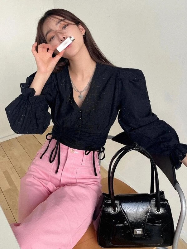 CM-TS877588 Women Casual Seoul Style Flounce Sleeve Drawstring Front Lace Blouse