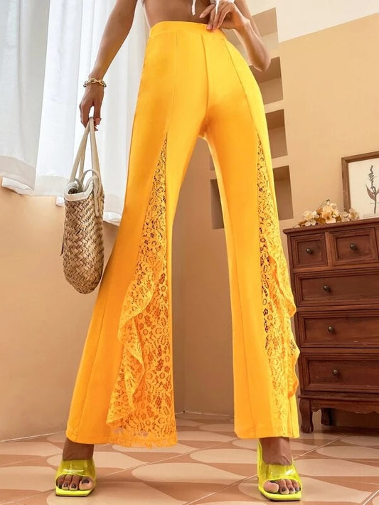 CM-BS740848 Women Casual Seoul Style Contrast Lace Ruffle Trim Flare Leg Pants - Yellow