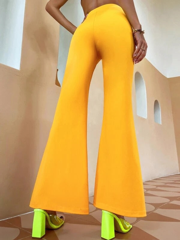 CM-BS740848 Women Casual Seoul Style Contrast Lace Ruffle Trim Flare Leg Pants - Yellow