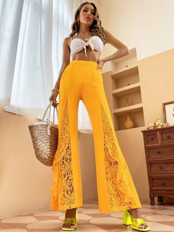 CM-BS740848 Women Casual Seoul Style Contrast Lace Ruffle Trim Flare Leg Pants - Yellow